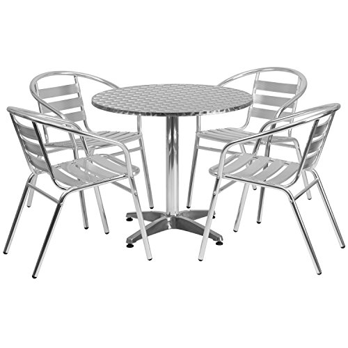 0889142012696 - FLASH FURNITURE ROUND ALUMINUM INDOOR OUTDOOR TABLE WITH 4 SLAT BACK CHAIRS, 31.