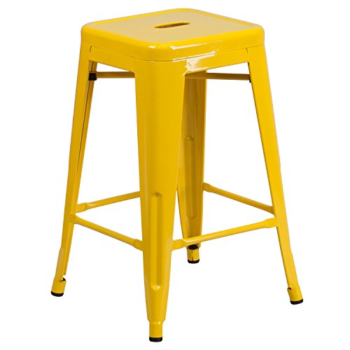 0889142014126 - FLASH FURNITURE BACKLESS METAL INDOOR/OUTDOOR STOOL WITH SQUARE SEAT, 24, YELLOW