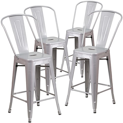 0889142015314 - 4 PK. 24'' HIGH SILVER METAL INDOOR-OUTDOOR COUNTER HEIGHT STOOL WITH BACK
