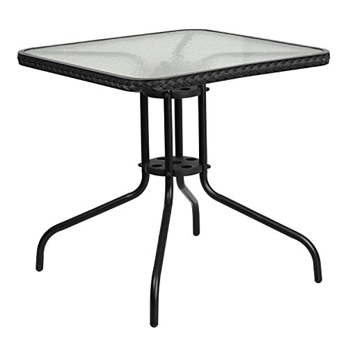 0889142043775 - FLASH FURNITURE SQUARE TEMPERED GLASS METAL TABLE WITH BLACK RATTAN EDGING, 28