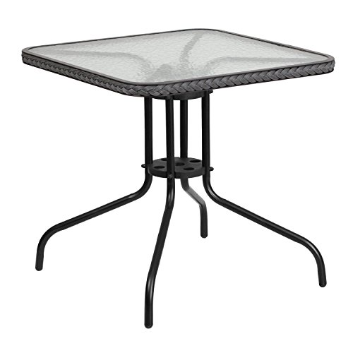 0889142043799 - FLASH FURNITURE TLH-073R-GY-GG SQUARE TEMPERED GLASS METAL TABLE WITH GRAY RATTAN EDGING, 28
