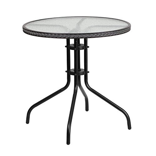 0889142043829 - FLASH FURNITURE TLH-087-GY-GG ROUND TEMPERED GLASS METAL TABLE WITH GRAY RATTAN EDGING, 28