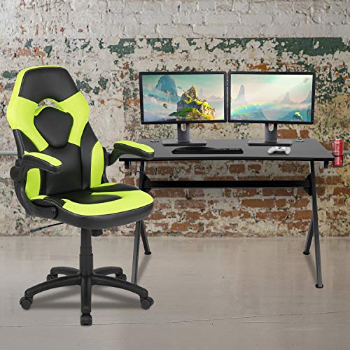 0889142608318 - FLASH FURNITURE BLACK GAMING DESK AND GREEN/BLACK RACING CHAIR SET WITH CUP HOLDER, HEADPHONE HOOK & 2 WIRE MANAGEMENT HOLES