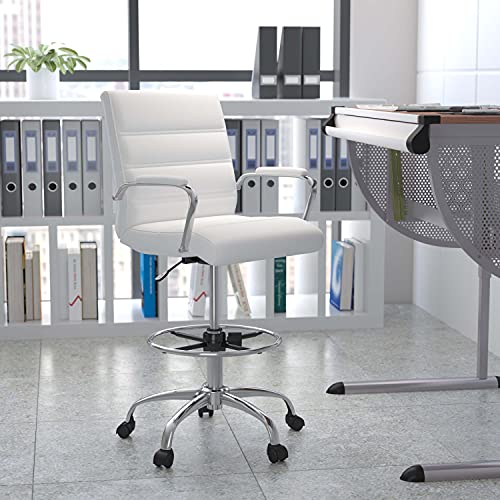 0889142977308 - FLASH FURNITURE ADJUSTABLE HEIGHT DRAFTING CHAIR - CONTEMPORARY MID-BACK WHITE LEATHERSOFT DRAFTING STOOL CHAIR - ADJUSTABLE FOOT RING & CHROME BASE