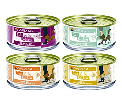 0088919935613 - WERUVA CATS IN THE KITCHEN CANNED CAT FOOD MIXED 6 OZ X 12 CANS WITH 4 FLAVORS - THE DOUBLE DIP, SPLASH DANCE, FOWL BALL, AND GODIE LOX