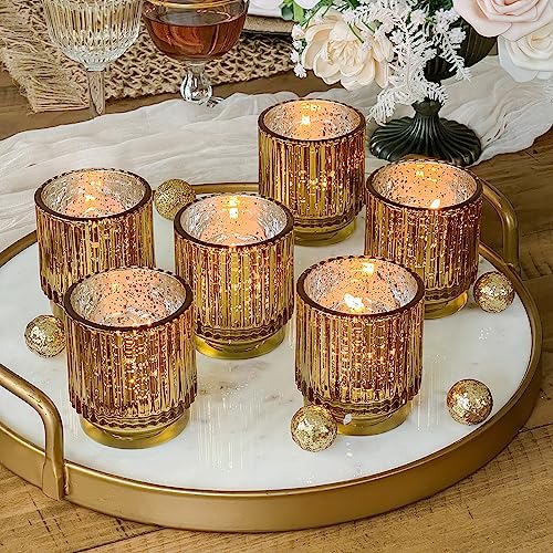 0889293556933 - GOLD VINTAGE RIBBED GLASS TEALIGHT VOTIVE CANDLE HOLDERS BY KATE ASPEN (SET OF 6), FALL DECOR, BOHO DECOR, SHELF DECORATION | PERFECT HOSTESS GIFT OR HOME DECOR