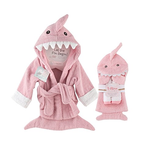 0889293564112 - BABY ASPEN LET THE FIN BEGIN PINK TERRY SHARK ROBE, PINK, 0-9 MONTHS WITH PINK SHARK SCRUBBIE AND TWO WASHCLOTHES