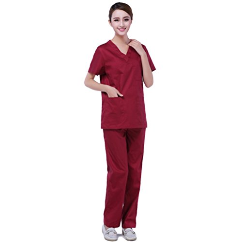 0889493827772 - ZXZY WOMEN'S 2 PIECE SOLID V-NECK TOP WITH MATCHING BOTTOMS SCRUB SET
