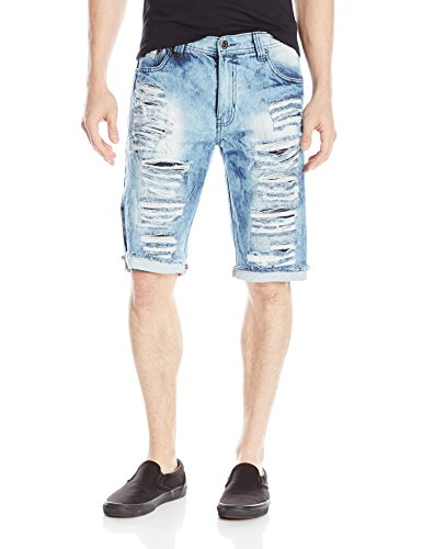 0889531102991 - SOUTHPOLE MEN'S SHORT DENIM SHORTS WITH MULTIPLE HORIZONTAL RIPS AND CUFFING, LIGHT SAND BLUE, 34