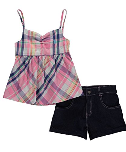 0889593048916 - U.S. POLO ASSN. BIG GIRLS 2 PIECE PLAID BABY DOLL TOP AND DENIM SHORT IN LIGHT, MULTI PINK PLAID, 8
