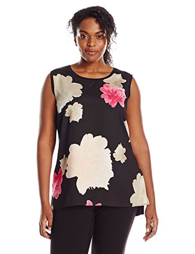 0889609451655 - CALVIN KLEIN WOMEN'S PLUS-SIZE SLEEVELESS PRINT TOP WITH WOVEN FRONT SHELL, BLAC