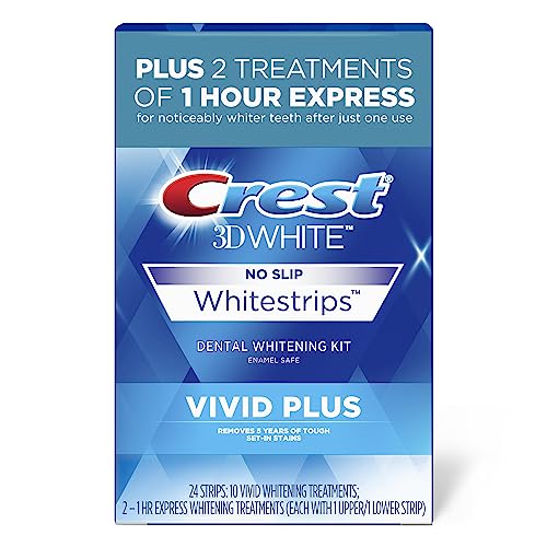 0889714001189 - CREST 3D WHITE WHITESTRIPS VIVID PLUS TEETH WHITENING KIT, INDIVIDUAL STRIPS (10 VIVID PLUS TREATMENTS + 2 1HR EXPRESS TREATMENTS), BASIC FLAVORLESS WHITESTRIPS, 24 COUNT