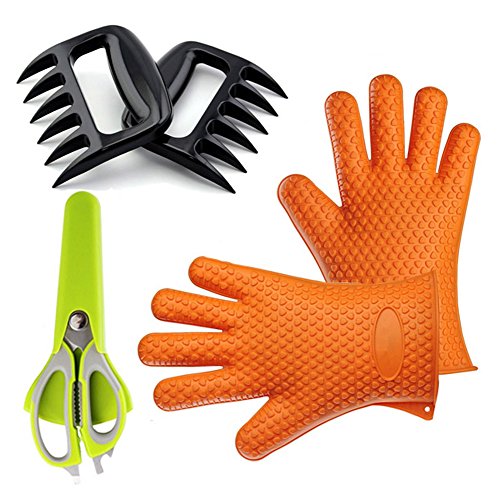 0889957029995 - BBQ TOOL SET :SILICONE BARBECUE GLOVES + MEAT PULLED PORK CLAWS + KITCHEN SCISSORS FOR GRILLING,COOKING,BAKING,BBQ,ROASTING