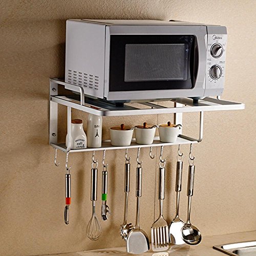 0889957031349 - SPACE ALUMINUM MICROWAVE OVEN WALL BRACKET DOUBLE RACK WITH REMOVABLE HOOKS (L)