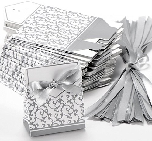 0889957952248 - CLASSY LOOKING 50PCS FAVOR CANDY BOXES GIFT BOXES WITH RIBBONS (SILVER)