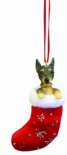0890110304774 - MINIATURE PINSCHER CHRISTMAS STOCKING ORNAMENT WITH SANTA'S LITTLE PALS HAND PAINTED AND STITCHED DETAIL