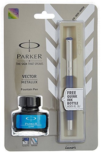 8901198422709 - PARKER VECTOR METTALIX FOUNTAIN PEN (BLUE) WITH QUINK INK BOTTLE
