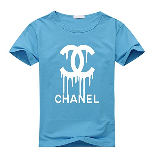 8935475801529 - CHANEL LOGO BOYS' AND GIRLS' CLASSIC SHORT SLEEVE COTTON T-SHIRT LARGE 12-14T SKY BLUE