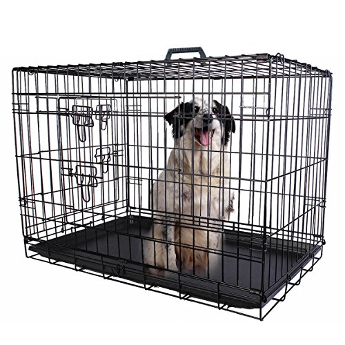 8942856045809 - 24'' 2 DOORS WIRE FOLDING PET CRATE DOG CAT CAGE SUITCASE KENNEL PLAYPEN W TRAY WIRE DOOR METAL SAFER FOR PUPPY WATERPROOF AND ANTI-RUST EASY CLEANING BRAND NEW