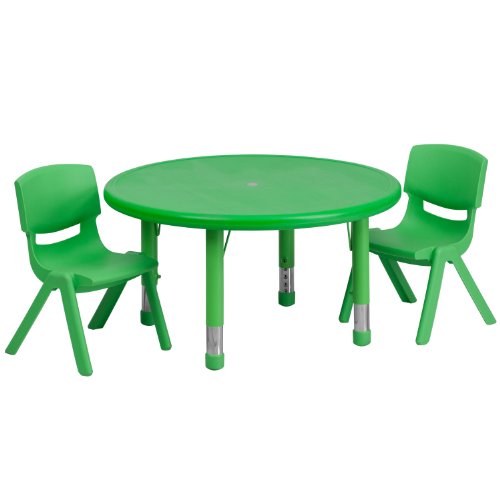 0897786338584 - FLASH FURNITURE 33 ROUND ADJUSTABLE GREEN PLASTIC ACTIVITY TABLE SET WITH 2 SCHOOL STACK CHAIRS