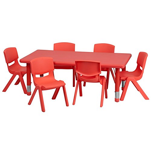 0897786340723 - FLASH FURNITURE 24''W X 48''L ADJUSTABLE RECTANGULAR RED PLASTIC ACTIVITY TABLE SET WITH 6 SCHOOL STACK CHAIRS