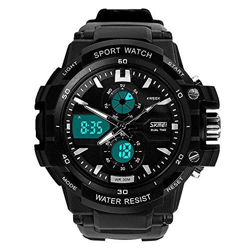0089789336333 - SKMEI 0990 3ATM WATER RESISTANT DIGITAL & ANALOG SPORTS WATCH WITH SOFT PLASTIC STRAP (BLACK + WHITE)