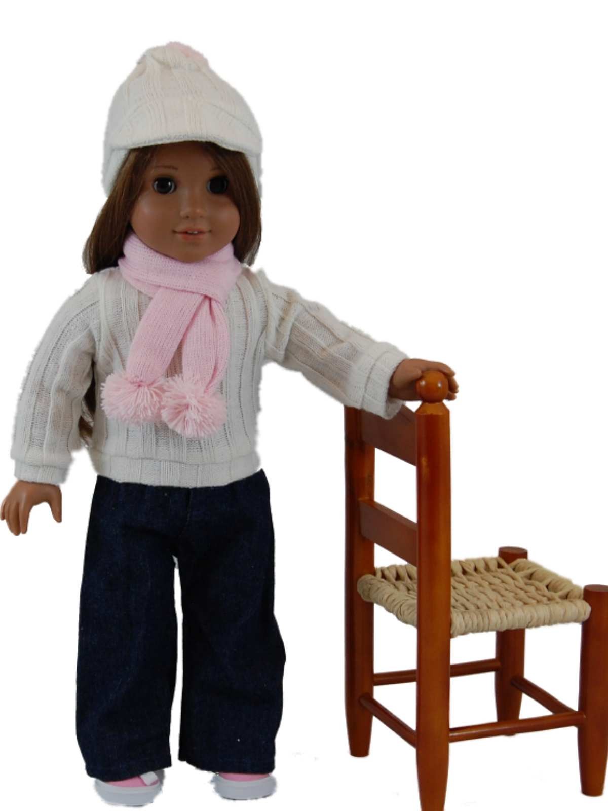 0898100000767 - DENIM JEAN SET, CREAM SWEATER, PINK SCARF, CAP FITS 18 AMERICAN GIRL® DOLL CLOTHES & ACCESSORIES