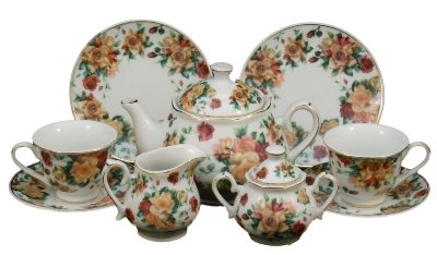 0898100000927 - ANTIQUE ROSE FINE CHINA CHILDS SIZE TEA PARTY TEA SET -SERVICE FOR TWO WITH KEEPSAKE STORAGE HAT BOX