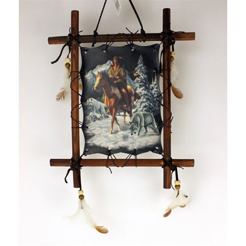 0008987511151 - FRAMED INDIAN ON HORSE WITH WOLF PICTURE NATIVE AMERICAN ART 9 X 11 (INCLUDING FRAME) REPRODUCTION