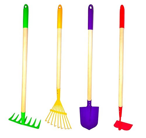 0899324002261 - JUSTFORKIDS KIDS GARDEN TOOL SET TOY, RAKE, SPADE, HOE AND LEAF RAKE, REDUCED SIZE , MADE OF STURDY STEEL HEADS AND REAL WOOD HANDLE, 4-PIECE, MULTICOLORED, 5YR+