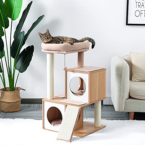 9052320818729 - HOMSOF 35 INCHES CAT TREE WOOD COOL SISAL SCRATCHING POST KITTEN FURNITURE PLUSH CONDO PLAYHOUSE WITH DANGLING TOYS CATS ACTIVITY CENTRE BEIGE