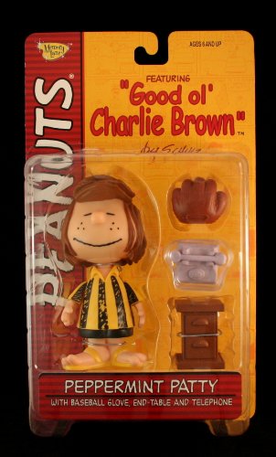 0090733077769 - PEPPERMINT PATTY * CLASSIC  EYES CLOSED SMILE FACIAL EXPRESSION * WITH BASEBALL GLOVE, END-TABLE & TELEPHONE PEANUTS ACTION FIGURE FROM GOOD OL' CHARLIE BROWN