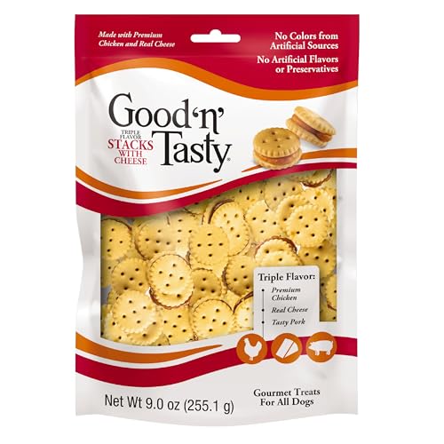 0091093647906 - GOOD ‘N’ TASTY TRIPLE FLAVOR STACKS WITH CHEESE, 9 OUNCES, BITE SIZED SNACKS FOR DOGS WITH PREMIUM CHICKEN AND REAL CHEESE