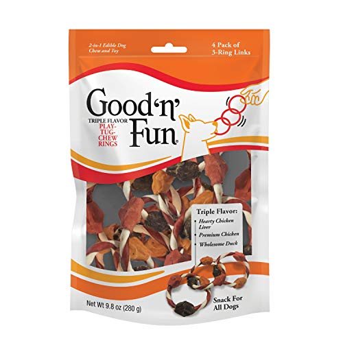 0091093944487 - GOOD ’N’ FUN TRIPLE FLAVOR PLAY-TUG-CHEW RINGS 4 COUNT, SNACK FOR ALL DOGS