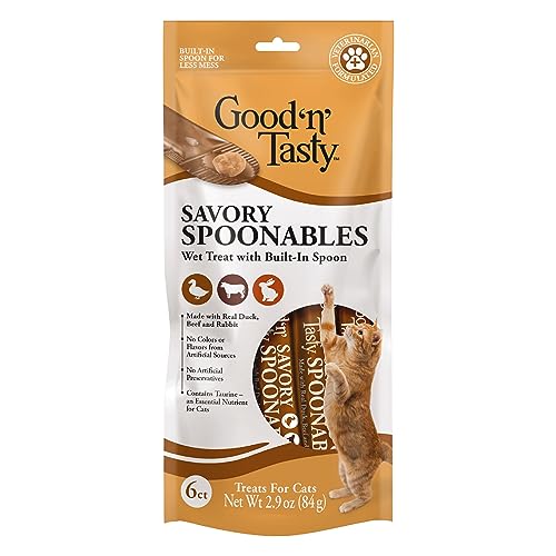0091093947754 - GOOD ‘N’ TASTY SAVORY SPOONABLES WITH REAL DUCK, BEEF & RABBIT, 6 COUNT TUBE, TRIPLE FLAVOR SQUEEZABLE LICKABLE WET TREATS FOR CATS WITH BUILT-IN SPOON FOR LESS MESS
