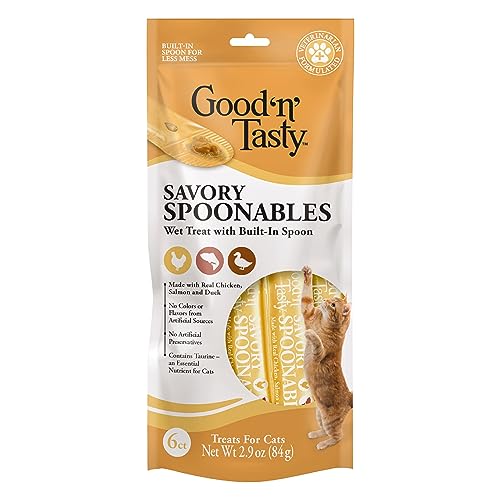 0091093947808 - GOOD ‘N’ TASTY SAVORY SPOONABLES WITH REAL CHICKEN, SALMON & DUCK, 6 COUNT TUBE, TRIPLE FLAVOR SQUEEZABLE LICKABLE WET TREATS FOR CATS WITH BUILT-IN SPOON FOR LESS MESS