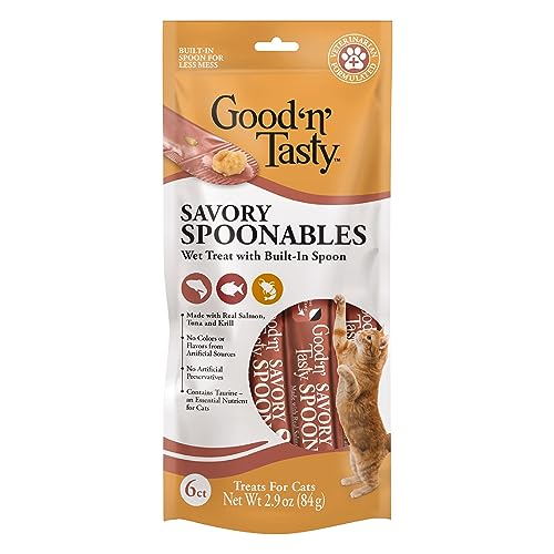 0091093947907 - GOOD ‘N’ TASTY SAVORY SPOONABLES WITH REAL SALMON, TUNA & KRILL, 6 COUNT TUBE, TRIPLE FLAVOR SQUEEZABLE LICKABLE WET TREATS FOR CATS WITH BUILT-IN SPOON FOR LESS MESS