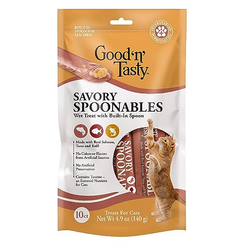0091093947938 - GOOD ‘N’ TASTY SAVORY SPOONABLES WITH REAL SALMON, TUNA & KRILL, 10 COUNT TUBE, TRIPLE FLAVOR SQUEEZABLE LICKABLE WET TREATS FOR CATS WITH BUILT-IN SPOON FOR LESS MESS