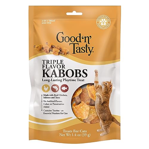 0091093947990 - GOOD ‘N’ TASTY TRIPLE FLAVOR KABOBS CAT TREAT, 1.4 OUNCE BAG, LONG-LASTING PLAYTIME TREAT FOR CATS MADE WITH REAL CHICKEN, SALMON & TUNA