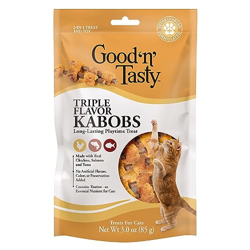0091093948003 - GOOD ‘N’ TASTY TRIPLE FLAVOR KABOBS CAT TREAT, 3 OUNCE BAG, LONG-LASTING PLAYTIME TREAT FOR CATS MADE WITH REAL CHICKEN, SALMON & TUNA
