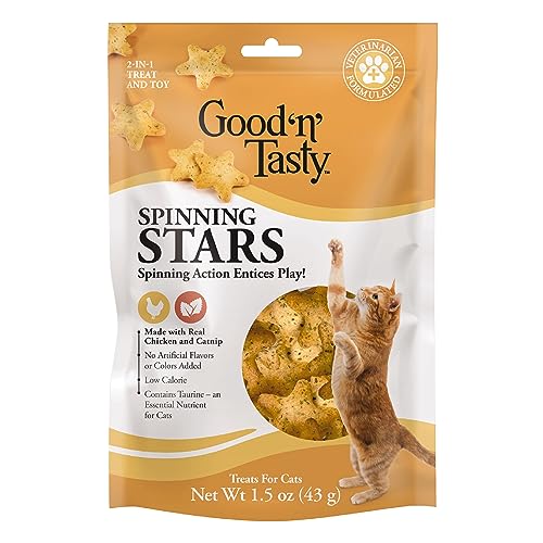 0091093948041 - GOOD ‘N’ TASTY SPINNING STARS CAT TREATS, 1.5 OUNCE BAG, 2-IN-1 TREAT & TOY MADE WITH REAL CHICKEN, CHICKEN LIVER & CATNIP, ENCOURAGES PLAYFULNESS & LOW CALORIE
