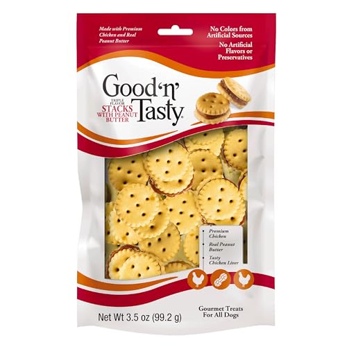 0091093948553 - GOOD ‘N’ TASTY TRIPLE FLAVOR STACKS WITH PEANUT BUTTER, 3.5 OUNCES, BITE SIZED SNACKS FOR DOGS WITH PREMIUM CHICKEN AND REAL PEANUT BUTTER