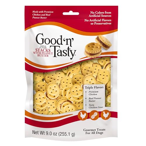 0091093948560 - GOOD ‘N’ TASTY TRIPLE FLAVOR STACKS WITH PEANUT BUTTER, 9 OUNCES, BITE SIZED SNACKS FOR DOGS WITH PREMIUM CHICKEN AND REAL PEANUT BUTTER
