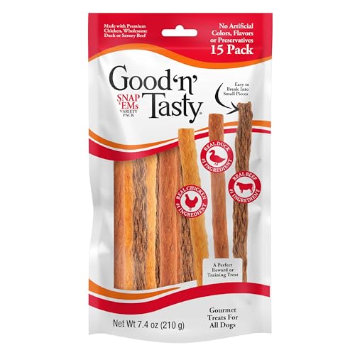 0091093948706 - GOOD ‘N’ TASTY TRIPLE FLAVOR SNAP ‘EMS GOURMET TREATS VARIETY PACK FOR ALL DOGS, 15 COUNT, REWARD OR TRAINING TREAT MADE WITH REAL CHICKEN, DUCK AND BEEF