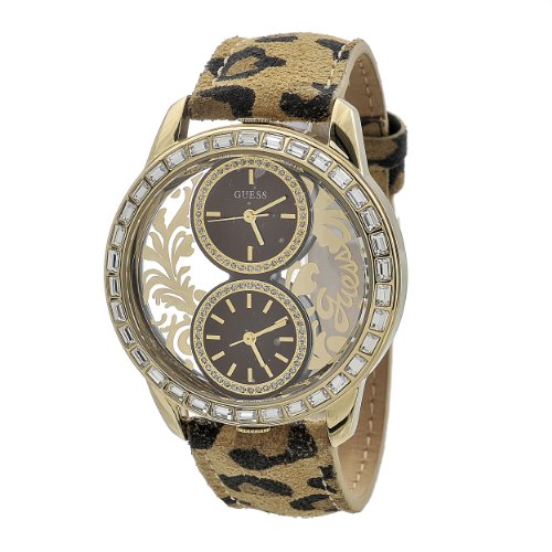 0091661406829 - GUESS WOMEN'S W18544L2 ROUND GOLD TONED STAINLESS STEEL CASE, DUAL TIME-ZONE, LEOPARD STRAP, CRYSTAL BEZZEL WATCH
