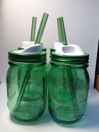 9247134971344 - 4 GREEN MASON JAR DRINK CUPS WITH MATCHING GLASS STRAWS AND NEW BALL BPA AND RUST FREE SIP LIDS
