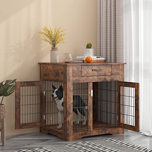 9311870073058 - HOMSOF FURNITURE STYLE DOG CRATE END TABLE WITH DRAWER,PET KENNELS WITH DOUBLE DOORS,DOG HOUSE INDOOR USE,RUSTIC BROWN,30 W X 24.8 D X 30.7 H