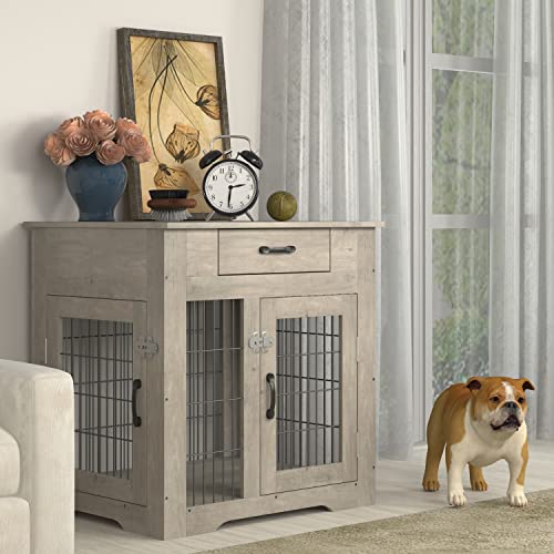 9311870073065 - HOMSOF FURNITURE STYLE DOG CRATE END TABLE WITH DRAWER,PET KENNELS WITH DOUBLE DOORS,DOG HOUSE INDOOR USE,WEATHERED GREY,30 W X 24.8 D X 30.7 H
