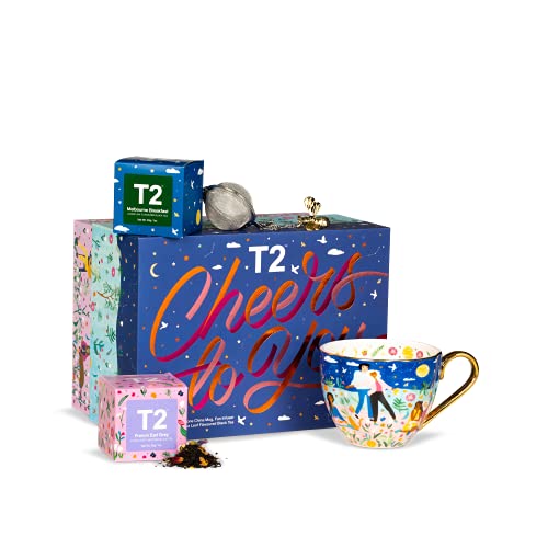9330462214877 - T2 TEA CHEERS TO YOU TEA AND TEAWARE GIFTPACK , 2 LOOSE LEAF BLACK TEA IN MINI FESTIVE FEATURE BOX, A FINE BONE CHINA MUG, A GOLDEN BEE INFUSER, BEST GIFT FOR HOLIDAY, FRENCH EARL GREY