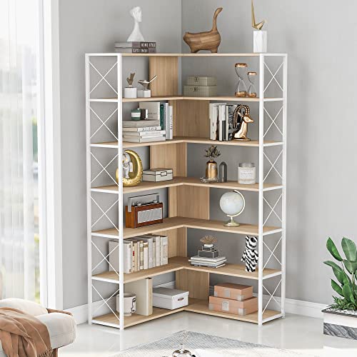 9331615376558 - LIVSPACE INDUSTRIAL STYLE 7-TIER BOOKCASE HOME OFFICE BOOKSHELF, L-SHAPED CORNER BOOKCASE WITH METAL FRAME, SHELVES AND OPEN STORAGE, MDF BOARD,OAK